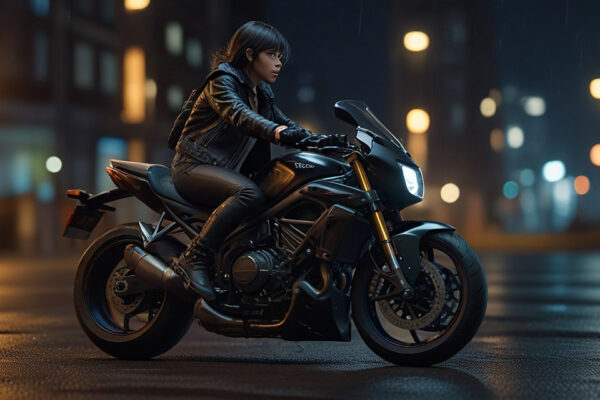 Пример генерации ночного изображения девушки на мотоцикле: Модель Leonardo Lightning XL, Leonardo Style